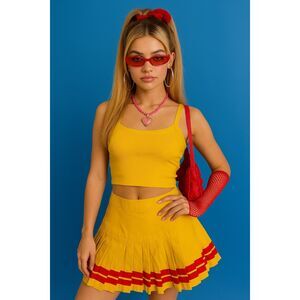 Vintage Yellow Pleated Mini Skirt Red Stripes Cheerleader Style Y2K Vibe Size XS